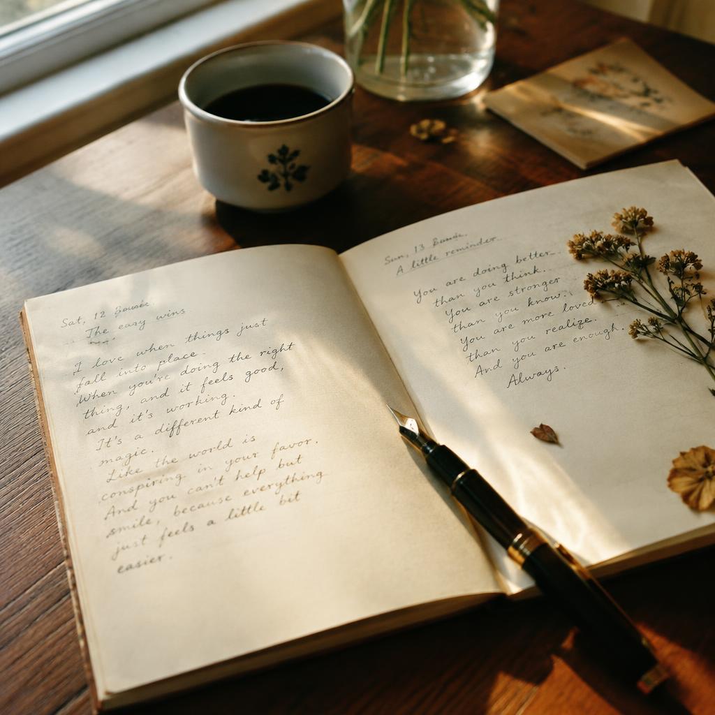 Open journal with fountain pen and pressed flowers
