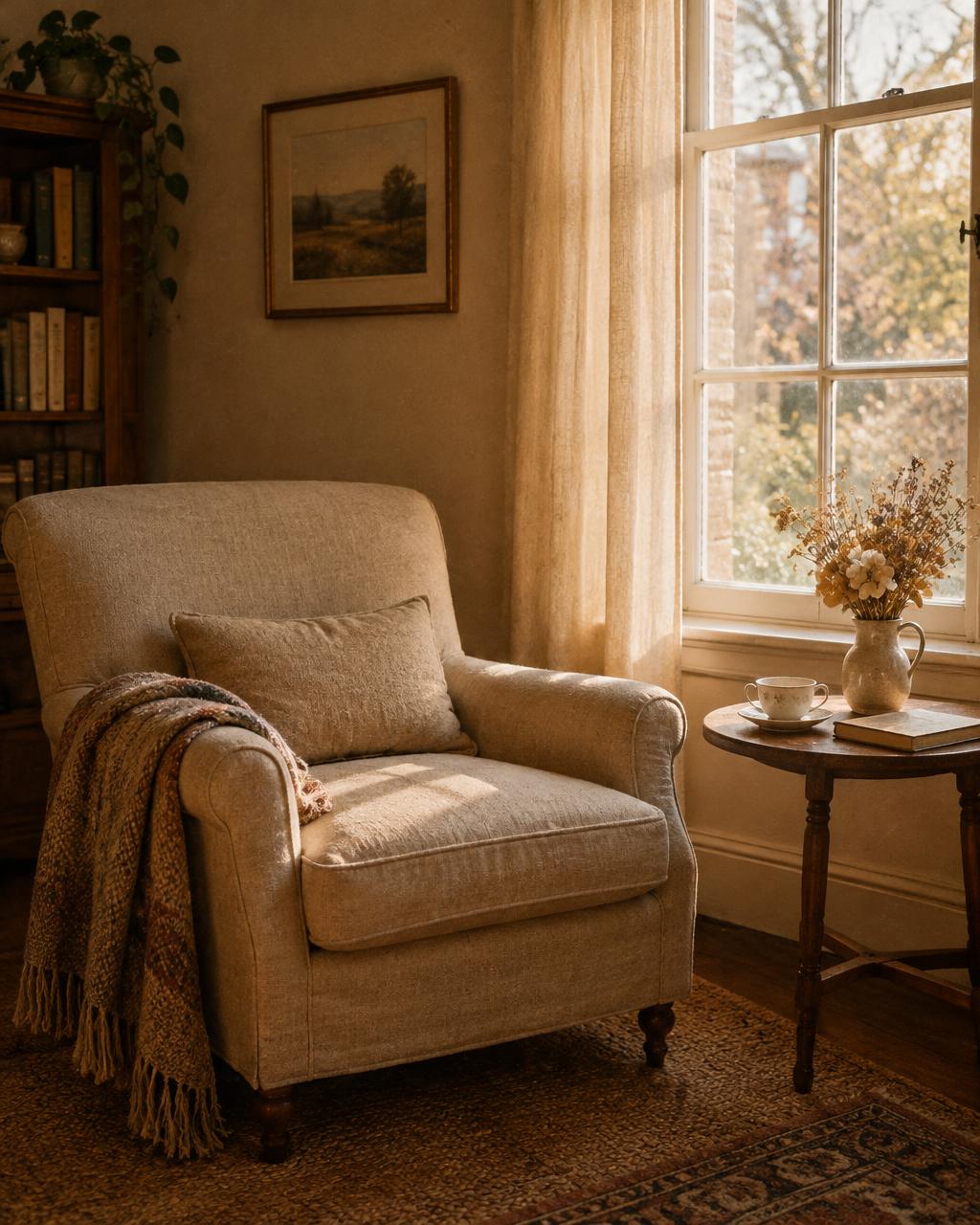 Donna's counselling room: a linen armchair by a sunlit window
